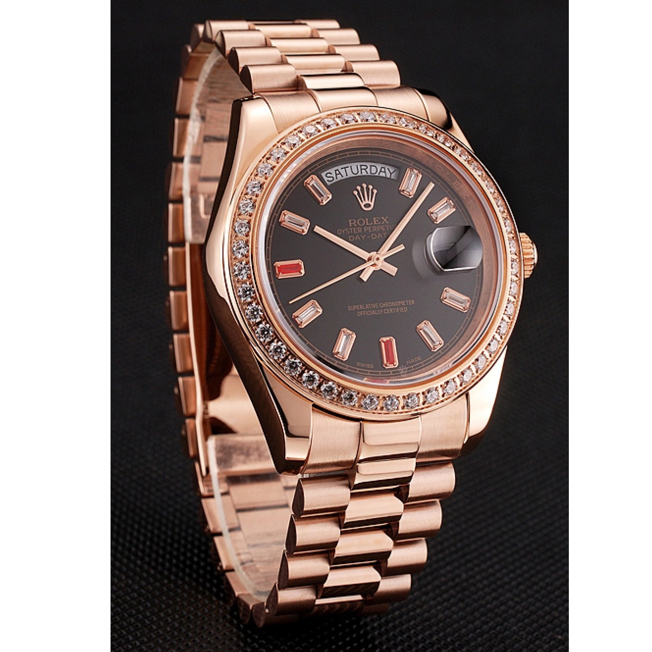 Rolex aaa copy Swiss Bracelet Rose 1454102 Rolex Diamonds Black Dial And Day-Date Rubies Gold 0627
